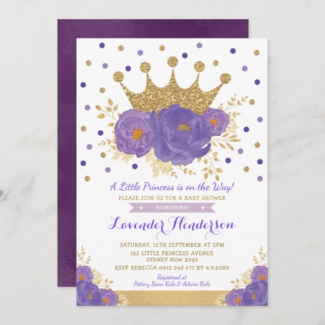 Violet Gold Crown Princess Floral Girl Babydusche Einladung (Vorne/Hinten)