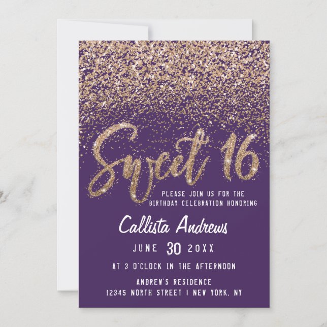 Violet Gold Scattered Glitzer Ombre Sweet 16 Einladung (Vorderseite)