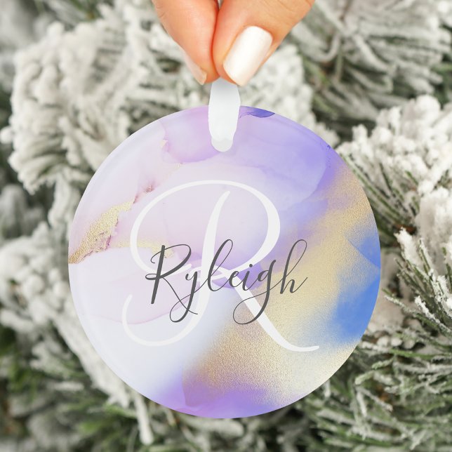 Violet Gold Watercolor Luxus Custom Monogram Name Ornament (Von Creator hochgeladen)