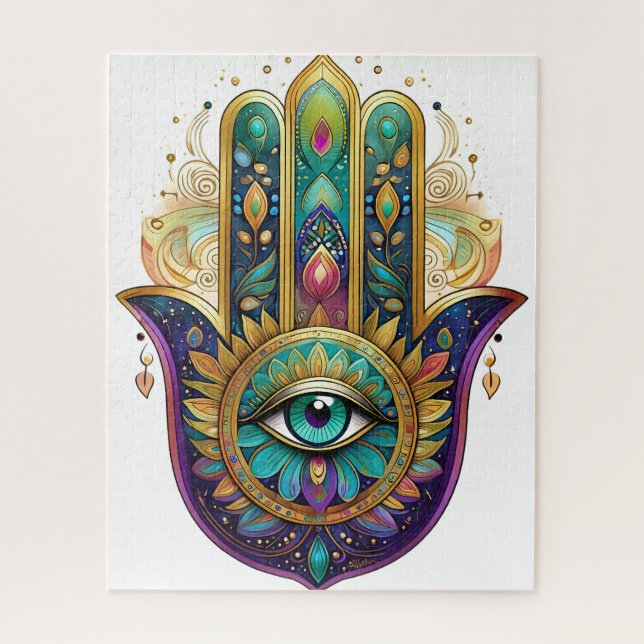Violet Green Gold Petals Hamsa Turquoise Third Eye Puzzle (Vertikal)