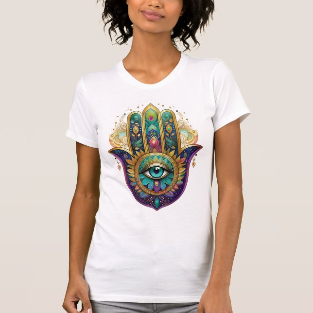 Violet Green Gold Petals Hamsa Turquoise Third Eye T-Shirt (Vorderseite)