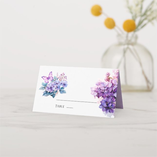 Violet Hydrangea Blumenschmetterling Hochzeitstisc Platzkarte (Vorderseite)