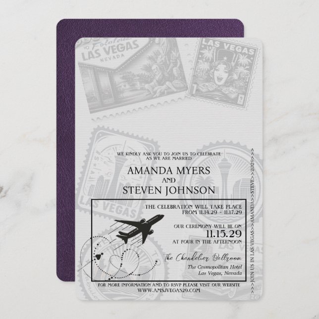 Violet Las Vegas Passport Wedding Einladung (Vorne/Hinten)