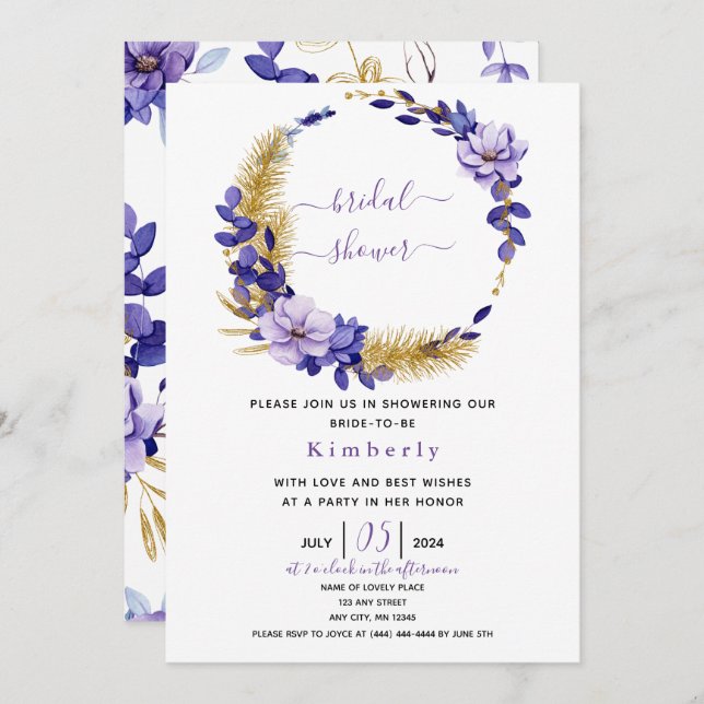 Violet Lavender & Gold Floral Brautparty Einladung (Vorne/Hinten)