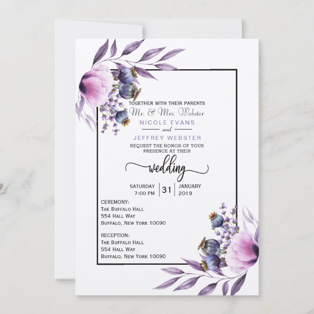 Violet Lavender Poppy Wasserfarbe Blume Hochzeit Einladung (Vorderseite)