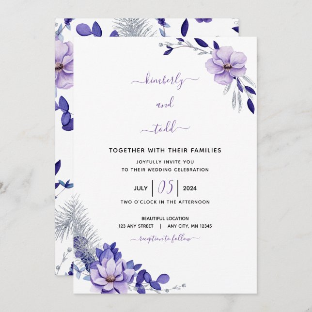 Violet Lavender & Silver Floral Wedding Einladung (Vorne/Hinten)