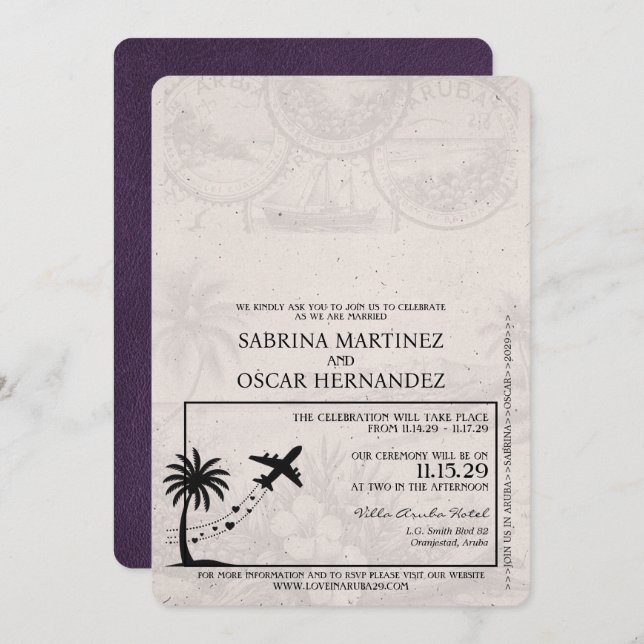 Violet Lila Aruba Passport Hochzeit Einladung (Vorne/Hinten)