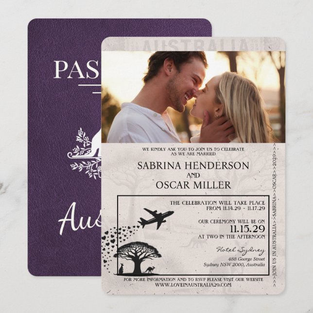 Violet Lila Australia Passport Wedding Einladung (Vorne/Hinten)