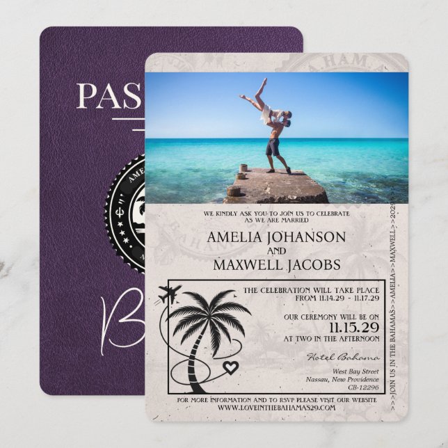 Violet Lila Bahamas Passport Hochzeit Einladung (Vorne/Hinten)