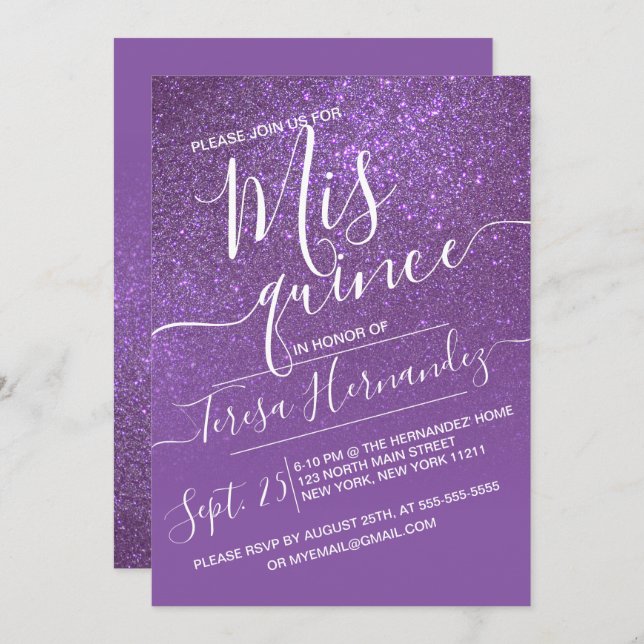 Violet Lila Funkelnd Glitzer Ombre Quinceañera Einladung (Vorne/Hinten)