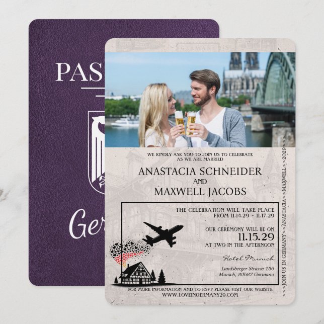Violet Lila Germany Passport Wedding Einladung (Vorne/Hinten)