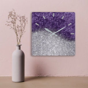 Violet Lila Glitzer Silver Gray Velvet Eggplant Quadratische Wanduhr