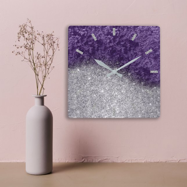 Violet Lila Glitzer Silver Gray Velvet Eggplant Quadratische Wanduhr (Violet Purple Glitter Silver Gray Velvet Eggplant Square Wall Clock )