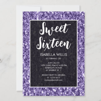 Violet lila Glitzern Sweet 16 elegante Drehbuch Einladung