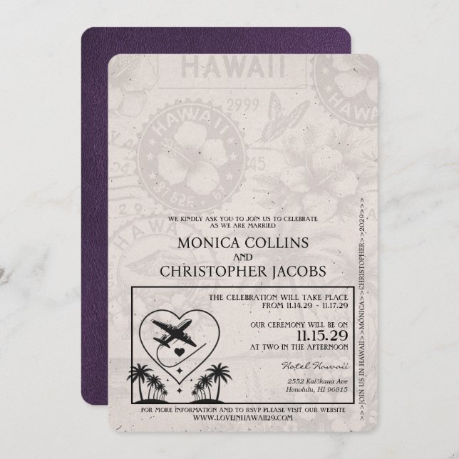 Violet Lila Hawaii Passport Hochzeit Einladung (Vorne/Hinten)