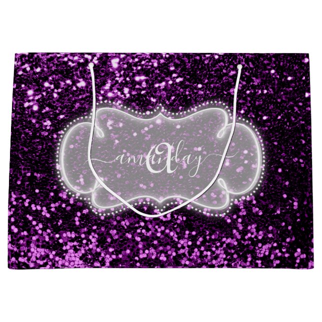 Violet Lila Monogramm Name Glitzer Bridal Einzigar Große Geschenktüte (Vorderseite)
