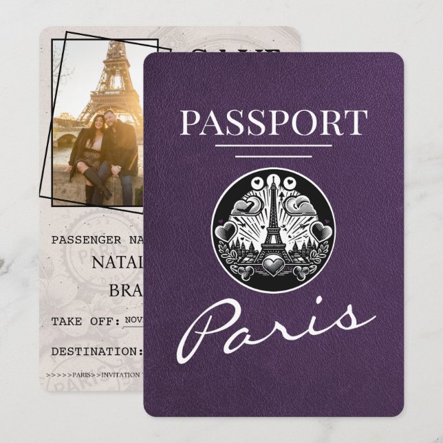 Violet Lila Paris Passport Save the Date (Vorne/Hinten)