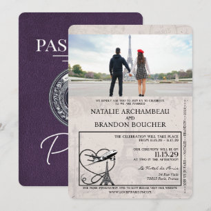 Violet Lila Paris Passport Wedding Einladung