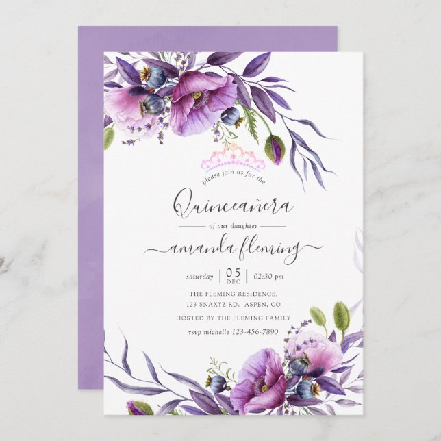 Violet Lila Poppy Floral Quinceañera Einladung (Vorne/Hinten)