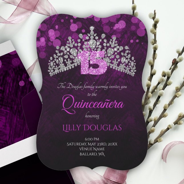 Violet, Lila Quinceanera mit Tiara Einladung (Dark purple, plum purple quinceanera, silver diamond tiara, glitter pink number 15, 15th birthday)