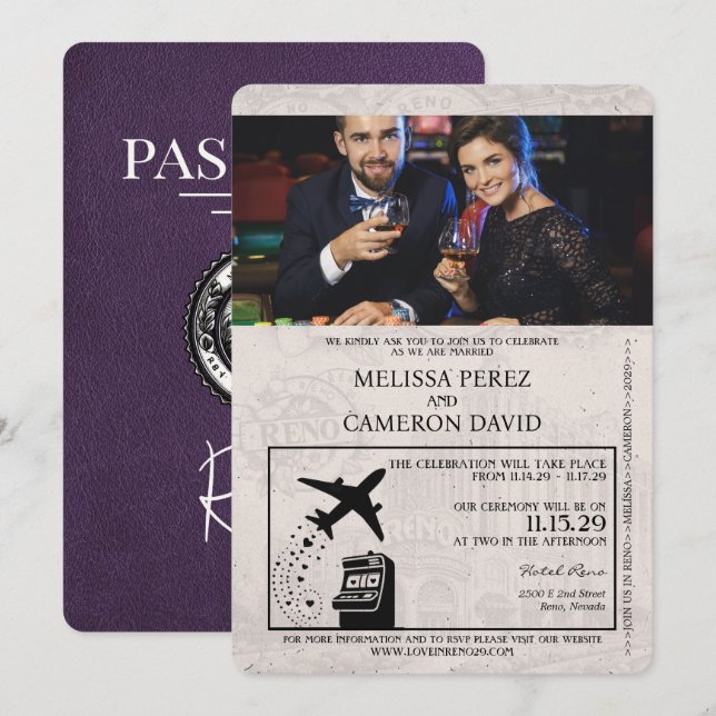 Violet Lila Reno Passport Hochzeit Einladung (Vorne/Hinten)