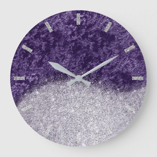 Violet Lila Silver Grau Velvet Eggplant Glitzer Große Wanduhr (Vorderseite)