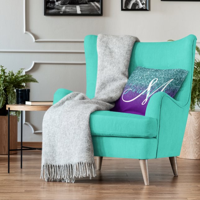 Violet Lila und Aquamarin Ombre Glitzer Mit Monogr Kissen (Violet Purple and Teal Ombre Glitter Monogram Throw Pillow)