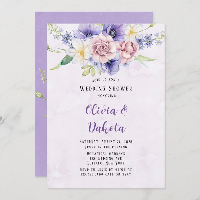 Violet Lila Watercolor Florals Polterabend Einladung (Vorne/Hinten)
