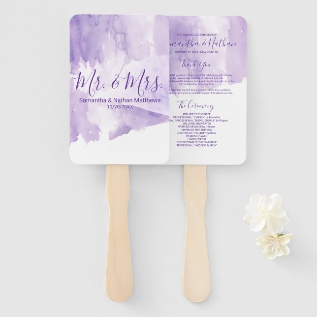 Violet Lila Watercolor Splash-Hochzeitsprogramme Fächer (Vorne und Hinten)