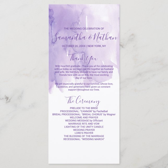 Violet Lila Watercolor Splash-Hochzeitsprogramme Programm (Vorderseite)