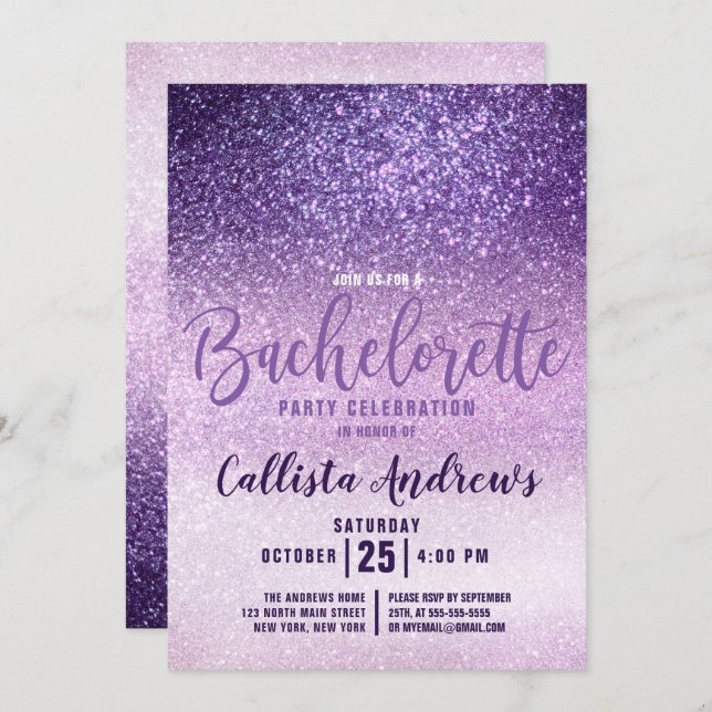 Violet Lilac Lila Triple Glitzer Bachelorette Einladung (Vorne/Hinten)