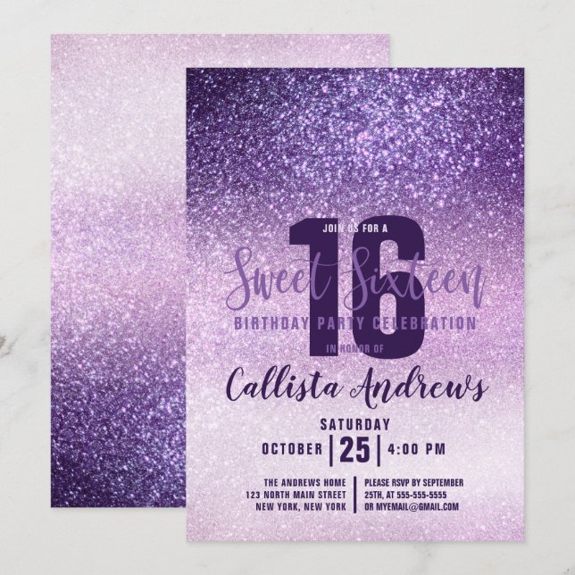 Violet Lilac Lila Triple Glitzer Ombre Sweet 16 Einladung (Vorne/Hinten)