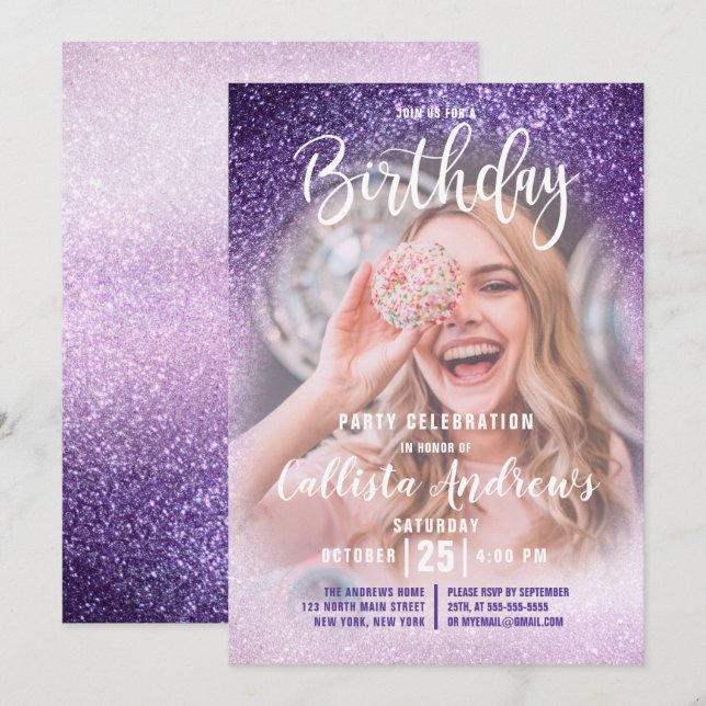 Violet Lilac Triple Glitzer Ombre Foto Geburtstag Einladung (Vorne/Hinten)