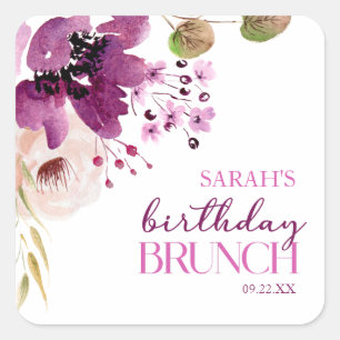 Violet Magenta Lila Floral Geburtstag Brunch Quadratischer Aufkleber
