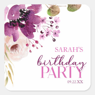 Violet Magenta Lila Floral Geburtstagsparty Quadratischer Aufkleber