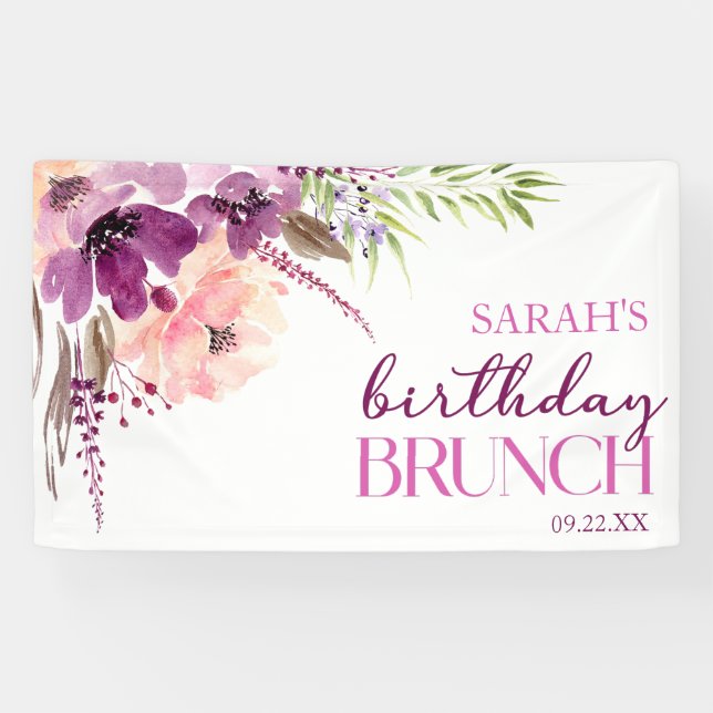 Violet Magenta Purple Floral Birthday Brunch Banner (Horizontal)