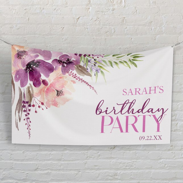 Violet Magenta Purple Floral Birthday Party Banner (Von Creator hochgeladen)