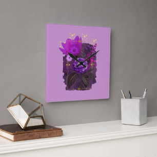 Violet Magical Floral Bouquet in Golden Frame Quadratische Wanduhr