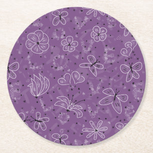Violet Mauve Butterfly LIEBE - nahtloses Muster. Runder Pappuntersetzer