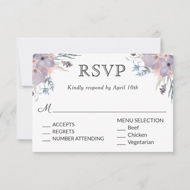 Violet Meadow Wedding RSVP mit Menüauswahl (Vorderseite)