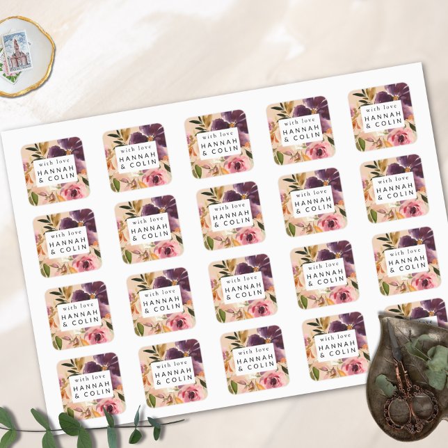 Violet Meadows Modern Fall Floral Quadratischer Aufkleber (Von Creator hochgeladen)