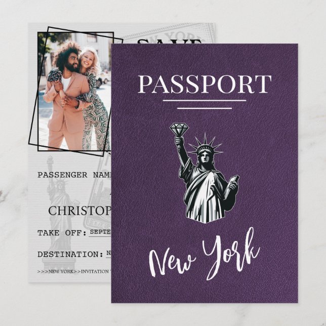 Violet New York City Passport Save the Date (Vorne/Hinten)