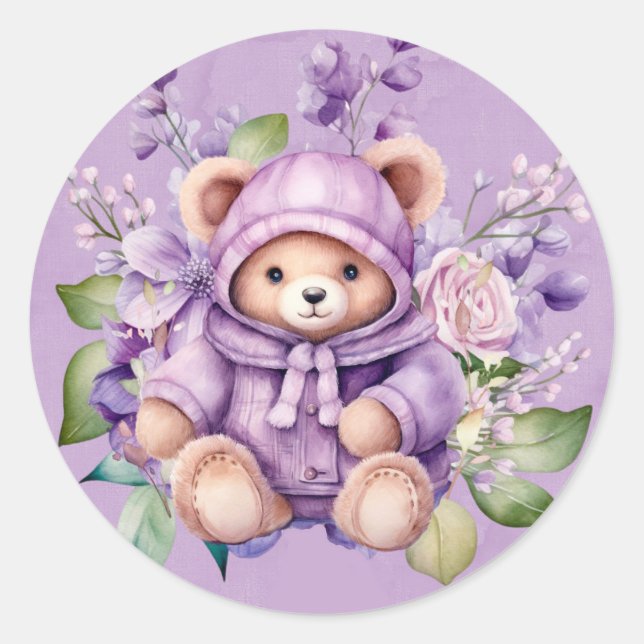 Violet Niedlich Teddy Bear Floral Girl Babydusche Runder Aufkleber (Vorderseite)