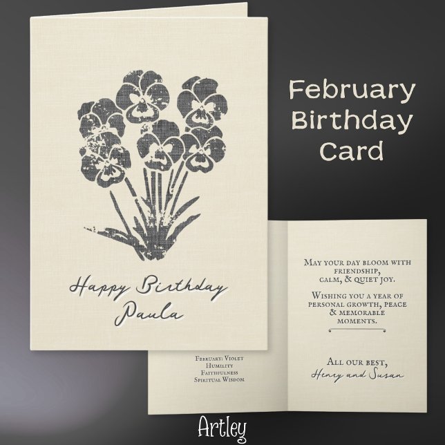 Violet Pansy Februar Birth Blume Linen gestempelt Karte (Von Creator hochgeladen)