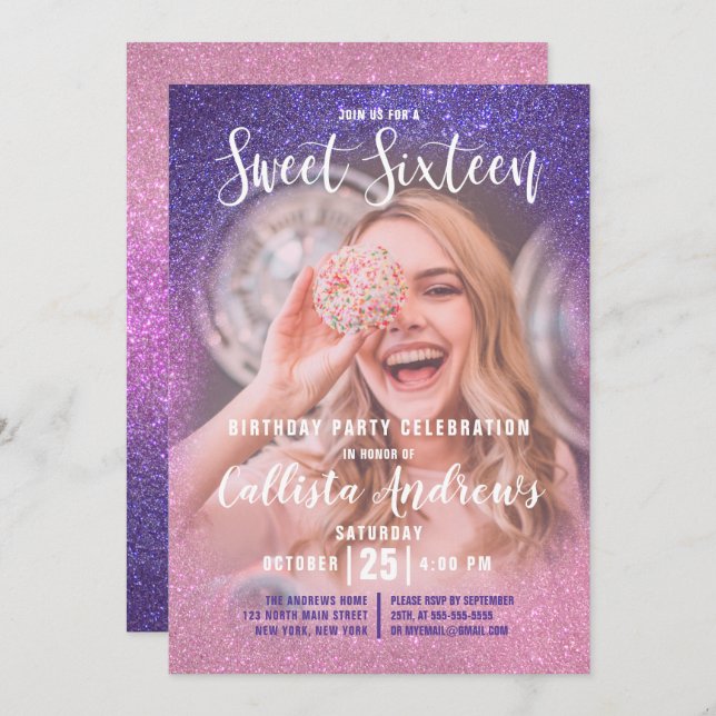 Violet Pink Triple Glitzer Ombre Foto Sweet 16 Einladung (Vorne/Hinten)