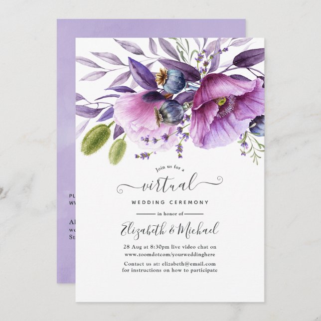 Violet Poppy Bloral Online Virtual Wedding Einladung (Vorne/Hinten)