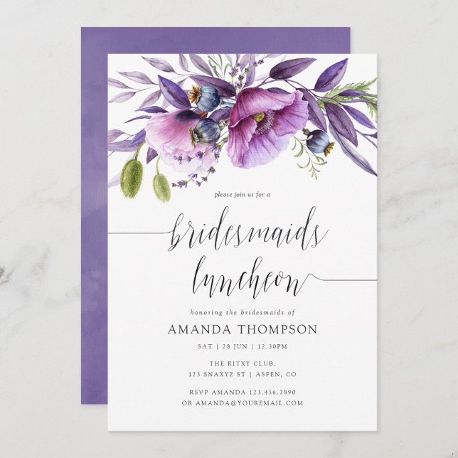 Violet Poppy Floral Bridesmaids Luncheon Einladung (Vorne/Hinten)