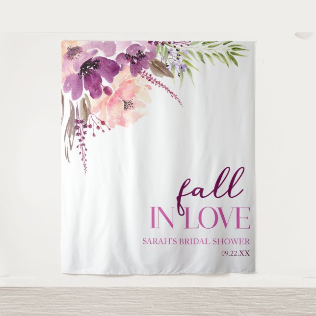 Violet Purple Floral Fall In Love Bridal Shower Wandteppich (Vorderseite)