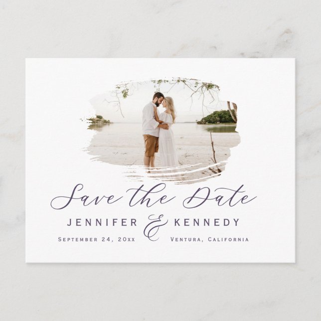 Violet Purple Romantic Brushed Frame Save the Date Postkarte (Vorderseite)