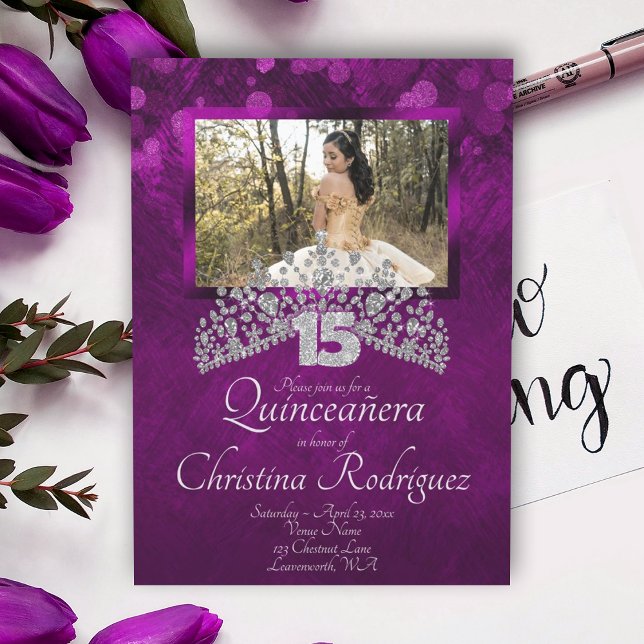 Violet Quinceanera Silver Tiara Einladung (Violet deep pink quinceanera invitation diamond tiara silver glitter 15, purple silver mis quince)